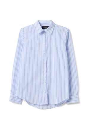 Camicia a maniche lunghe a righe blu e bianche, realizzata in tessuto leggero, con colletto appuntito, chiusura con bottoni sul davanti e orlo arrotondato.