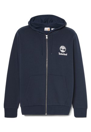 Navyblauer Reißverschluss-Hoodie aus Baumwollmischgewebe, mit Fronttaschen und einem weißen Timberland-Logo auf der linken Brust.
