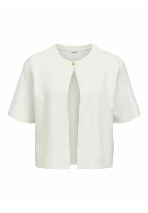 Cardigan blanc à manches courtes avec col rond et fermeture par un seul bouton doré en haut à l'avant.