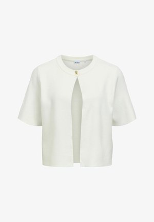 Cardigan blanc à manches courtes avec col rond et fermeture par un seul bouton doré en haut à l'avant.