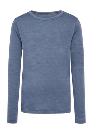 Blød, langærmet t-shirt med rund hals i ensartet dæmpet blå, med glat, let struktureret stof og simple syningsdetaljer.