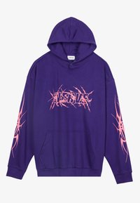 Felpa viola in cotone, con tasca frontale, cappuccio con cordino e grafiche rosa sulla parte anteriore e sulle maniche.