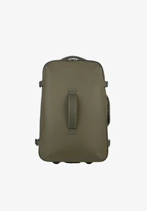 Plecak z trwałego nylonu w oliwkowej zieleni, o prostokątnym kształcie, z górnym uchwytem, bocznymi paskami, zamknięciem na zamek błyskawiczny oraz subtelnym logo u dołu.
