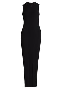 Svart ribbad stickad klänning, ärmlös, hög hals, slimmad silhuett, golvlång, med subtil textur och en liten logotypdetalj vid halsen.