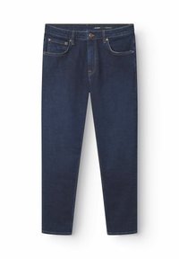 Temno modri jeans ravnega kroja, z klasičnim pet-žepnim dizajnom, kontrastnim šivanjem in kovinskim gumbom za zapiranje.
