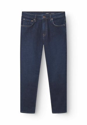 Jeans in denim scuro con un fit a gamba dritta, caratterizzati da un classico design a cinque tasche, cuciture a contrasto e chiusura con bottone in metallo.