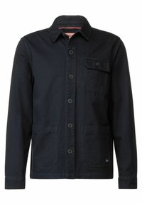 Marinblå knappad jacka i ett fast tyg, med krage, framfickor och en bröstficka med lock.