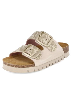 Sandale beige à enfiler avec deux boucles ajustables avec un motif léopard subtil, semelle intérieure en liège et semelle blanche texturée.