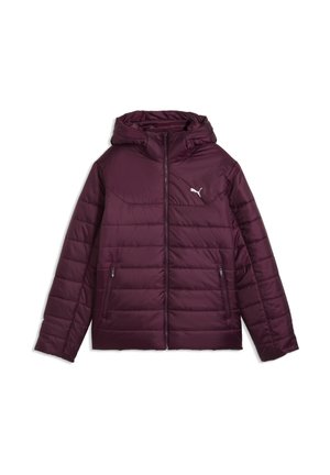 Tummanvioletti toppatakki hupulla, edessä vetoketju, kaksi vetoketjutaskua ja pieni valkoinen Puma-logo rinnassa.