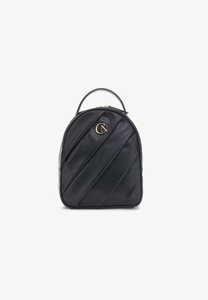 Black leather backpack with diagonal quilted texture, rounded top, and gold logo accent. Features a top handle and zip closure.