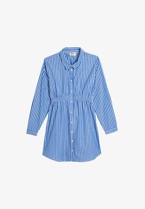 Niebieska, w pionowe paski, długa koszula z długim rękawem, z zapięciem na guziki z przodu, kołnierzykiem i marszczonym pasem. Gładka tekstura tkaniny; posiada białe pionowe paski.