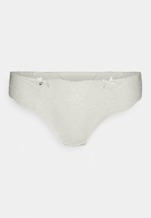 Baltos nėriniai kelnaitės su gėlių raštu, turinčios lygų juosmenį ir mažas satino kaspinėles šonuose. Minkšta ir švelni tekstūra.