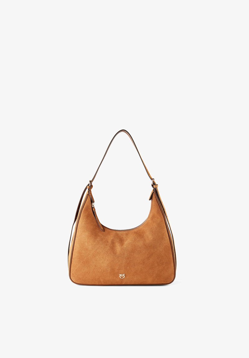 Καφέ σουέντ τσάντα ώμου με έναν ρυθμιζόμενο ιμάντα και ένα μικρό μεταλλικό λογότυπο στο κάτω κέντρο.