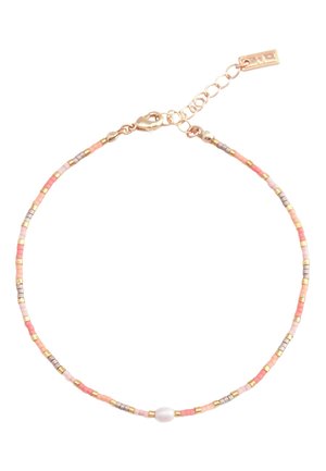Delicate beaded bracelet with small pink, coral, gold, and gray beads and a single white pearl at the center, gold clasp and adjustable chain.