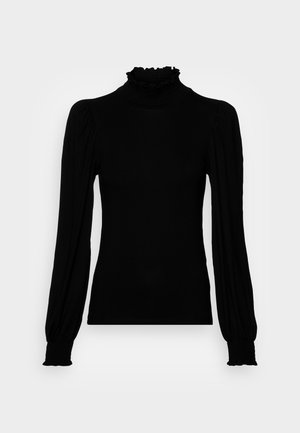 Top nero a maniche lunghe con collo alto arricciato, corpo aderente e spalle con volume; realizzato in tessuto morbido con polsini arricciati.