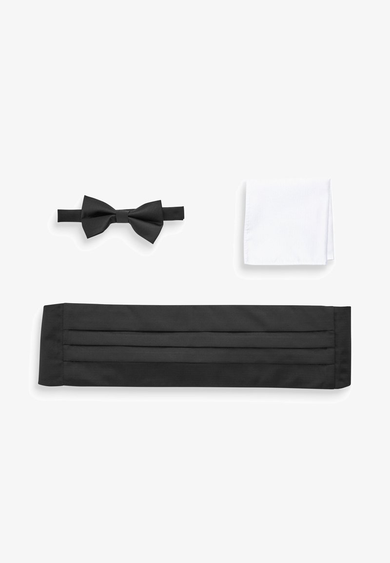 Black bow tie, black cummerbund with pleats, and a white pocket square. All items are fabric, with smooth textures and simple designs.
