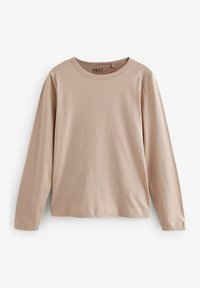 Langarm-T-Shirt in hellem Beige, aus weicher Baumwolle, mit Rundhalsausschnitt und lässiger Passform ohne sichtbare Muster oder Akzente.