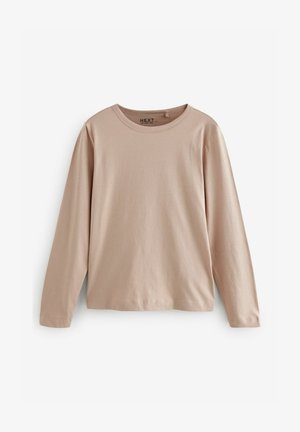 Long-sleeve t-shirt in light beige, made of soft cotton, featuring a crew neckline and relaxed fit with no visible patterns or accents.