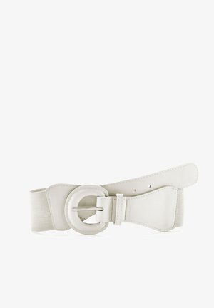 Hvidt bælte med et bredt elastisk bånd, en glat læderfront og en rund spænde. Et elegant design med enkle linjer og minimal detaljer.
