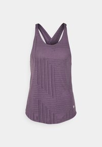 Violette tank top urheiluun, jossa on teksturoitu geometrinen kuvio, kaarroke ja ristikkäiset olkaimet selässä. Pehmeä, kevyt kangas.