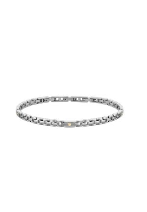 Bracciale in argento con anelli intrecciati, caratterizzato da una finitura liscia e lucida e un sottile accento dorato su un anello centrale.