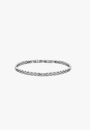 Bracciale in argento con anelli intrecciati, caratterizzato da una finitura liscia e lucida e un sottile accento dorato su un anello centrale.