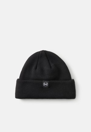 Sort strikket hue med en foldet kant. Lavet af blødt uld, den har et lille cirkulært logo-patch mærket "Buff" foran.