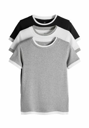 Drei kurzärmelige T-Shirts mit Rundhalsausschnitt aufeinander gestapelt, in Grau, Weiß und Schwarz, jeweils mit kontrastierendem weißem Besatz an Kragen und Ärmeln.