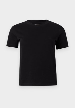 Plain black short-sleeve crew neck t-shirt with subtle logo on the left chest, displayed on a neutral gray background.
