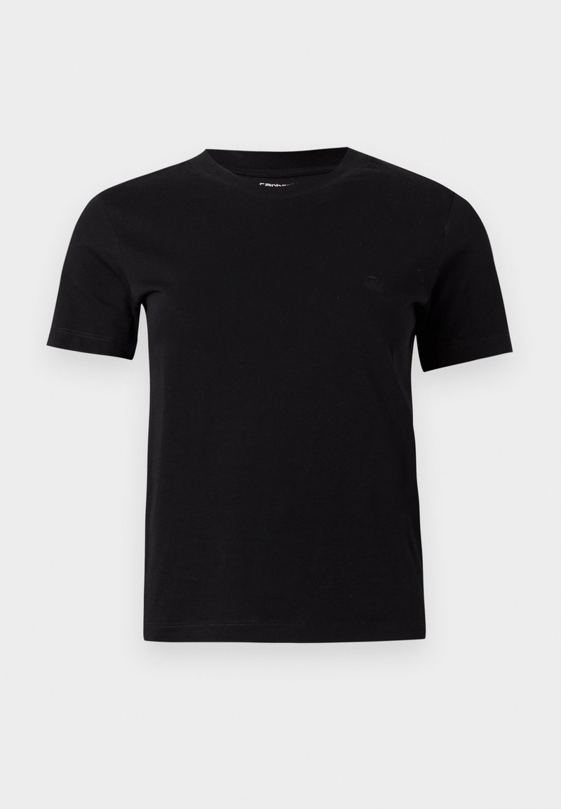 Plain black short-sleeve crew neck t-shirt with subtle logo on the left chest, displayed on a neutral gray background.