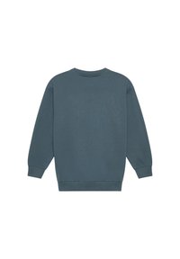 Donkergroen sweatshirt, zachte katoenen stof, ronde hals, lange mouwen, ribgebreide manchetten en zoom, gladde textuur, geen zichtbare patronen of accenten.