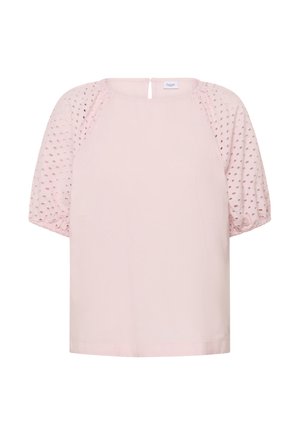 Light pink short-sleeve blouse with eyelet fabric puff sleeves and a small back button closure at the neckline.