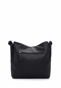 Sac à bandoulière en cuir noir avec une finition texturée, doté d'une poche zippée à l'avant et de deux sangles. Design minimaliste et forme douce.