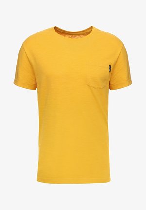 T-shirt en coton jaune avec un col rond, des manches courtes, une poche poitrine et une petite étiquette de marque sur le côté.