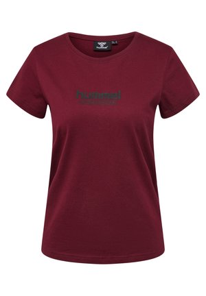 Bordeaux kortek mouw T-shirt, gemaakt van katoen, met een ronde halslijn en een logo "hummel sportswear" in het zwart over de borst.
