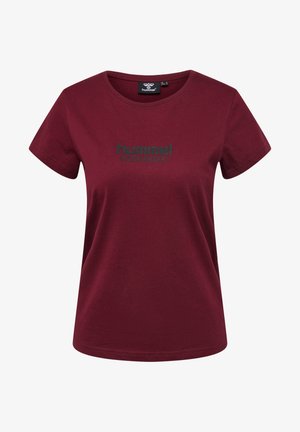 Bordeaux kortek mouw T-shirt, gemaakt van katoen, met een ronde halslijn en een logo "hummel sportswear" in het zwart over de borst.