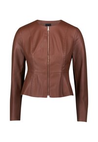 Hnedá kožená bunda so zipsom vpredu a okrúhlym výstrihom. Obsahuje priliehavé telo a peplum lem. Hladká textúra a dlhé rukávy.