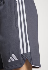 Grijze sportshorts van zacht materiaal met een witte drie-strepen ontwerp langs de zijkanten en een geborduurd logo nabij de zoom.