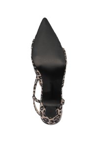 Leopard print high heel shoe with textured fabric, pointed toe, black sole, ankle straps, and a sleek silhouette.