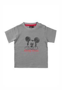 T-shirt grigio a maniche corte in cotone. Presenta una grafica di Topolino in nero e grigio con del testo rosso che recita "Topolino" sotto.
