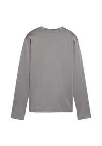 Maglietta grigia a maniche lunghe con un design semplice, colletto tondo e texture morbida. Presenta bordi cuciti e un taglio dritto all'orlo.