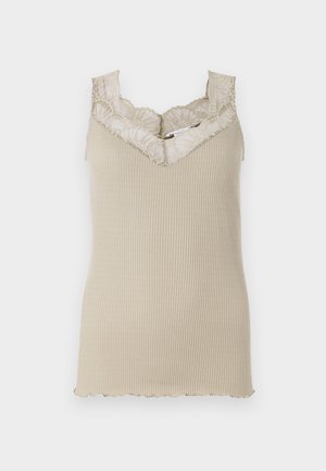 Beige ribbed tank top with a scalloped lace neckline. The fabric is smooth, featuring a fitted silhouette and delicate lace detailing.