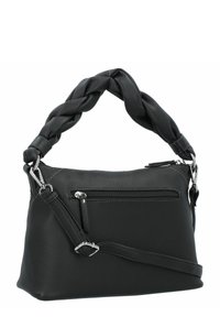Borsa a mano in pelle nera con manico intrecciato, scomparto principale con zip e tasca frontale. Presenta hardware in argento lucido e finitura testurizzata.