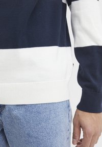 Maglione a righe blu navy e bianche con polsini e orlo a coste, realizzato in materiale morbido. Presenta un'etichetta sul lato vicino all'orlo.