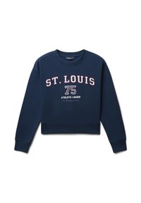Sweatshirt court navy en coton. Présente l'inscription "ST. LOUIS 75 ATHLETIC LEAGUE" en lettres blanches et bordeaux. Poignets et ourlet côtelés.
