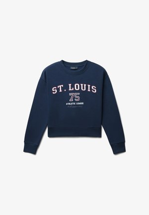 Sweatshirt court navy en coton. Présente l'inscription "ST. LOUIS 75 ATHLETIC LEAGUE" en lettres blanches et bordeaux. Poignets et ourlet côtelés.