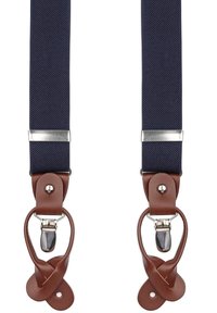 Marine stof bretels met bruine leren clips en accenten, voorzien van zilveren metalen hardware en een gestructureerd ontwerp voor grip.