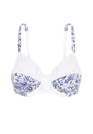 Soutien-gorge en dentelle blanche avec des bonnets à motif floral bleu et des bretelles florales réglables, doté d'un détail central à lacets.