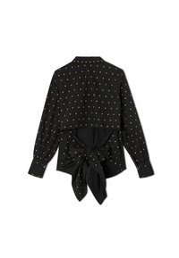 Μαύρη μπλούζα μακρυμάνικη με χρυσές πουά, cropped επικάλυψη στην πλάτη και μεγάλο φιόγκο  δεμένο στο κάτω μέρος της πλάτης.