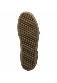 Suela de goma marrón con un patrón de cuadrícula texturizado. El borde es ligeramente redondeado. Diseñada para ofrecer tracción y estabilidad.